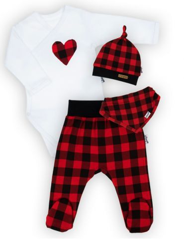 Nicol Komplet body półśpioch czapeczka apaszka 4-częściowy w kratkę czerwono czarną