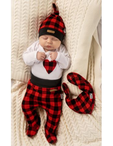 Nicol Komplet body półśpioch czapeczka apaszka 4-częściowy w kratkę czerwono czarną