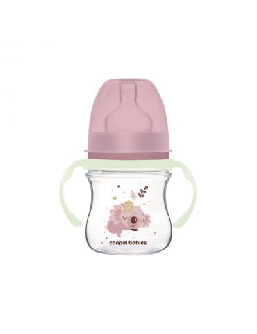 Canpol babies Butelka szerokootworowa ze świecącymi uchwytami EasyStart 120ml Sleepy Koala pink