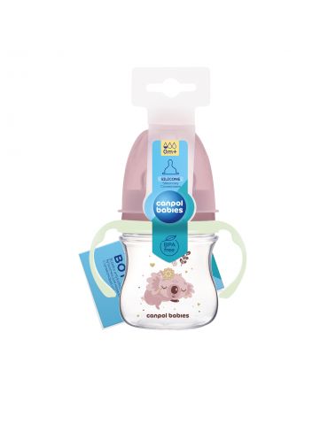 Canpol babies Butelka szerokootworowa ze świecącymi uchwytami EasyStart 120ml Sleepy Koala pink