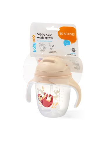 BabyOno Kubek niekapek z obciążoną słomką 240ml beżowy BabyOno Kubek niekapek z obciążoną słomką 240ml beżowy