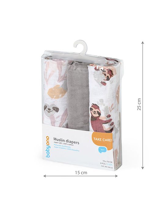 BabyOno Pieluszki muślinowe Leniwce szare