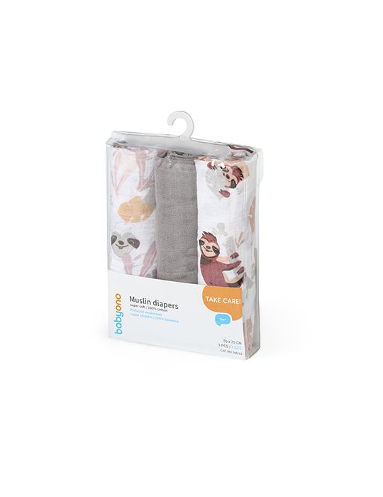 BabyOno Pieluszki muślinowe Leniwce szare