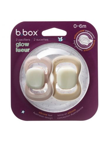 B.Box Smoczek silikonowy symetryczny 6m+ glow in the dark róż/latte