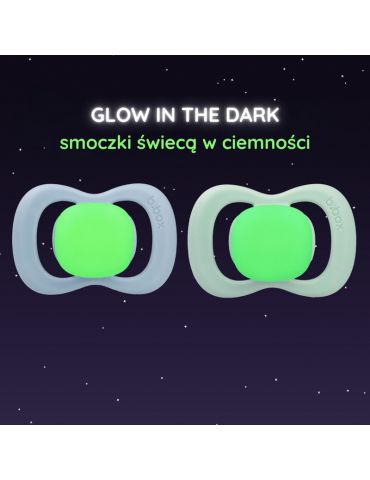 B.Box Smoczek silikonowy symetryczny 0-6m+ glow in the dark błękit/szałwia