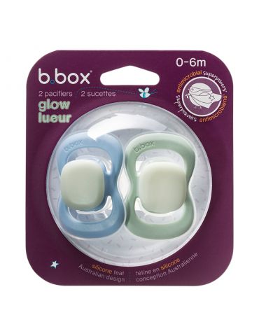 B.Box Smoczek silikonowy symetryczny 0-6m+ glow in the dark błękit/szałwia