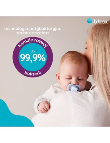 B.Box Smoczek silikonowy symetryczny 0-6m+ glow in the dark błękit/szałwia