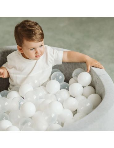 MeowBaby Basen suchy z piłeczkami 90/40 welur szaroniebieski 300 transparentno-perłowo-srebrnych piłeczek