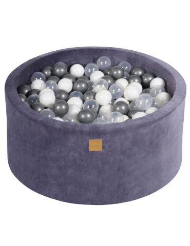 MeowBaby Basen suchy z piłeczkami 90/40 welur szaroniebieski 300 transparentno-perłowo-srebrnych piłeczek
