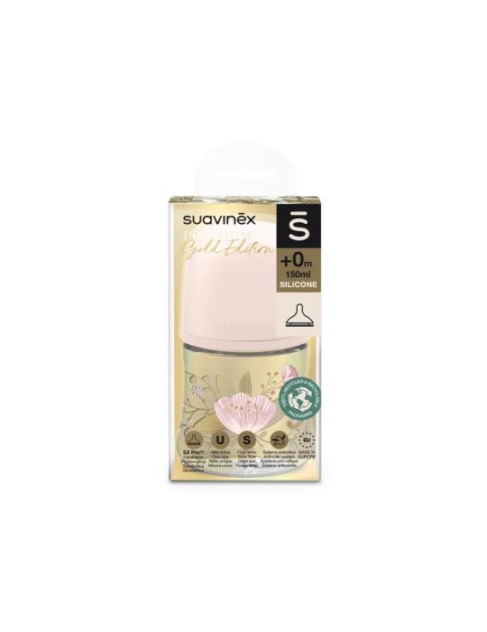Suavinex Butelka o wolnym przepływie smoczek Sx Pro 150ml Gold edition różowa
