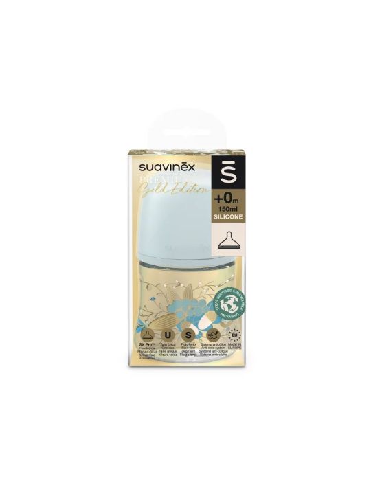 Suavinex Butelka o wolnym przepływie smoczek Sx Pro 150ml Gold edition niebieska
