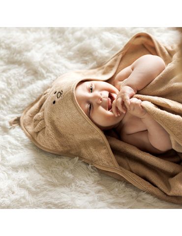 BabyOno Okrycie kąpielowe bambusowe z kapturkiem 100X100cm ciemny beż