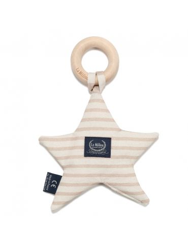 La Millou Gryzak z drewna i uchwyt do smoczka Star Stripes beige