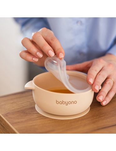 BabyOno Silikonowa miseczka z przyssawką i przykrywką beżowa