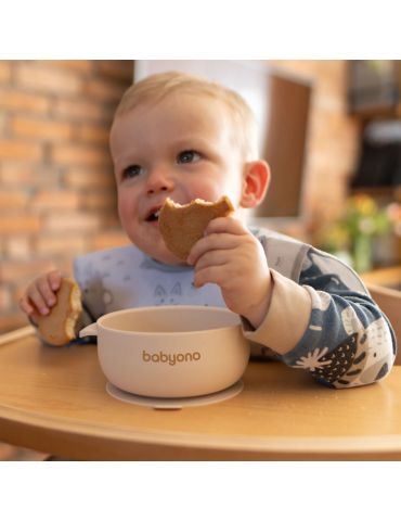 BabyOno Silikonowa miseczka z przyssawką i przykrywką beżowa