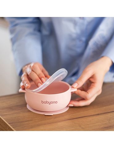 BabyOno Silikonowa miseczka z przyssawką i przykrywką różowa