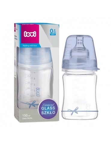 Lovi Butelka szklana Diamond Glass 150 ml Baby Shower niebieski smoczek mini 0m+