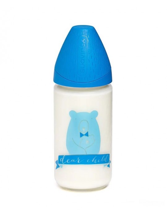 Suavinex Butelka premium szklana Miś ciemny niebieski 240 ml Meaningful Life 3+