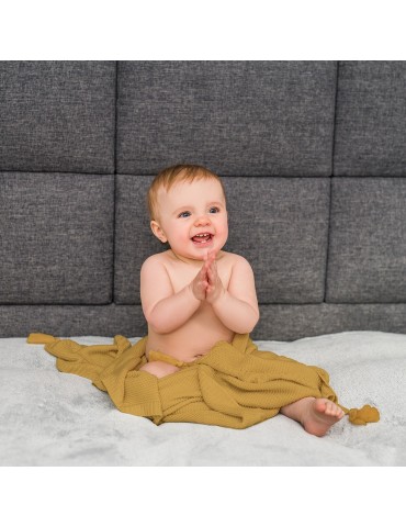 BabyOno Kocyk dzianinowy bambusowy z frędzlami musztardowy