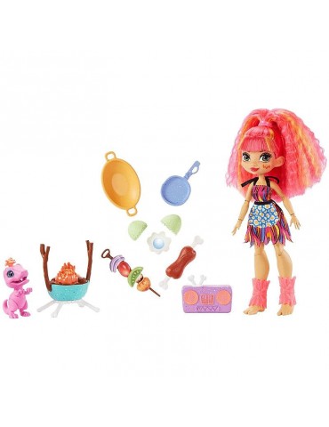 Mattel Cave Club lalka Emberly ze zwierzątkiem Flaire zestaw jaskiniowy grill