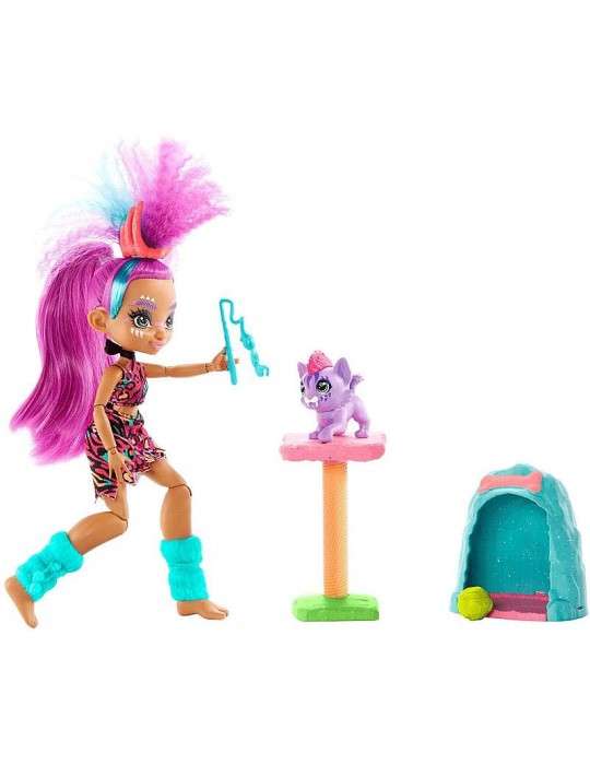 Mattel Cave Club lalka Roaralai ze zwierzątkiem jaskiniowa kocia mama